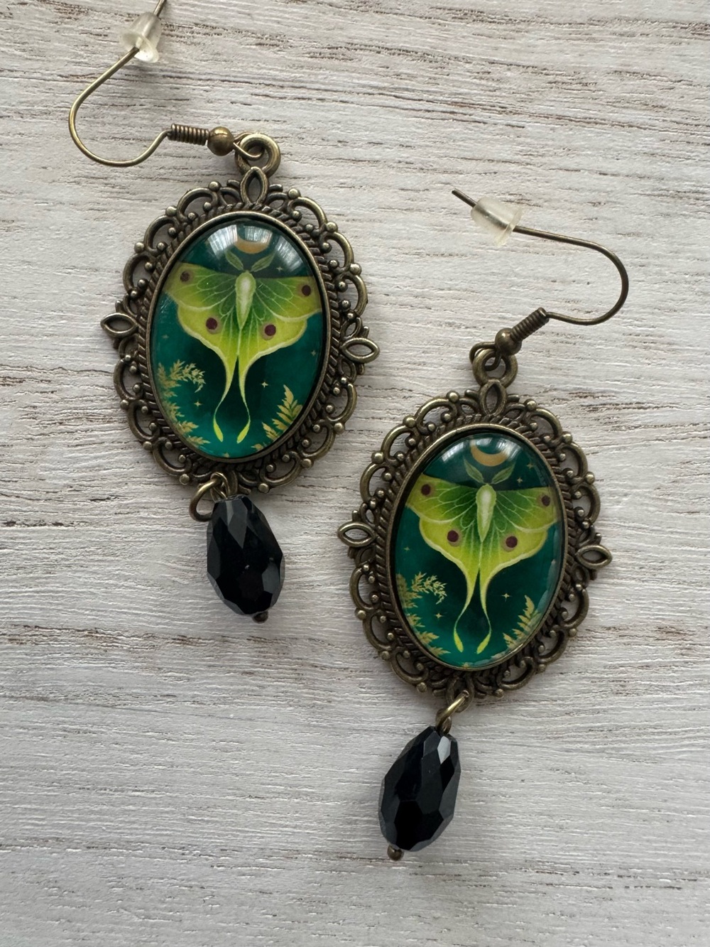 Green Luna Moth Vintage-Style Dangle Earrings 2” long - Picture 5 of 8